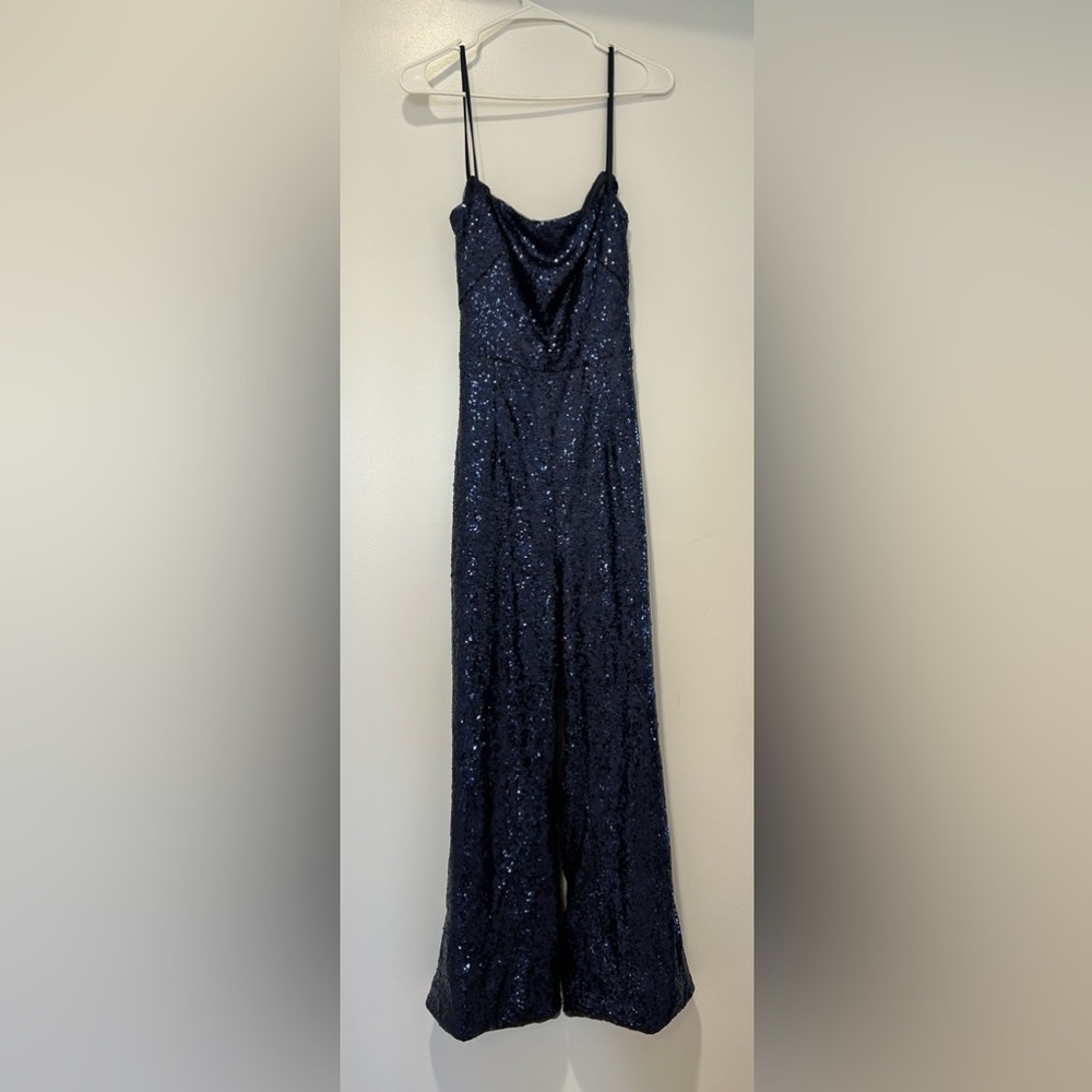 Strappy back navy sequin jump suit